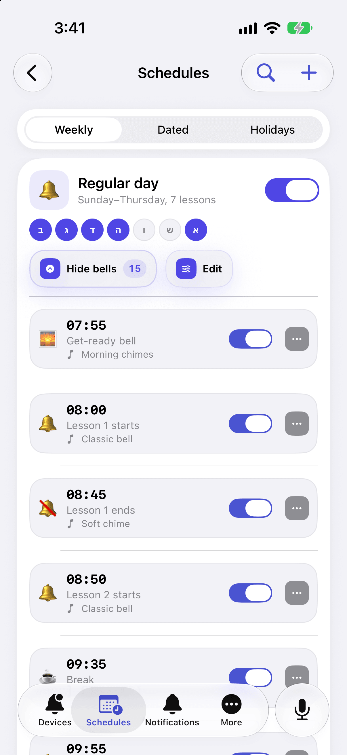 iPhone app: a day’s bells in the timetable