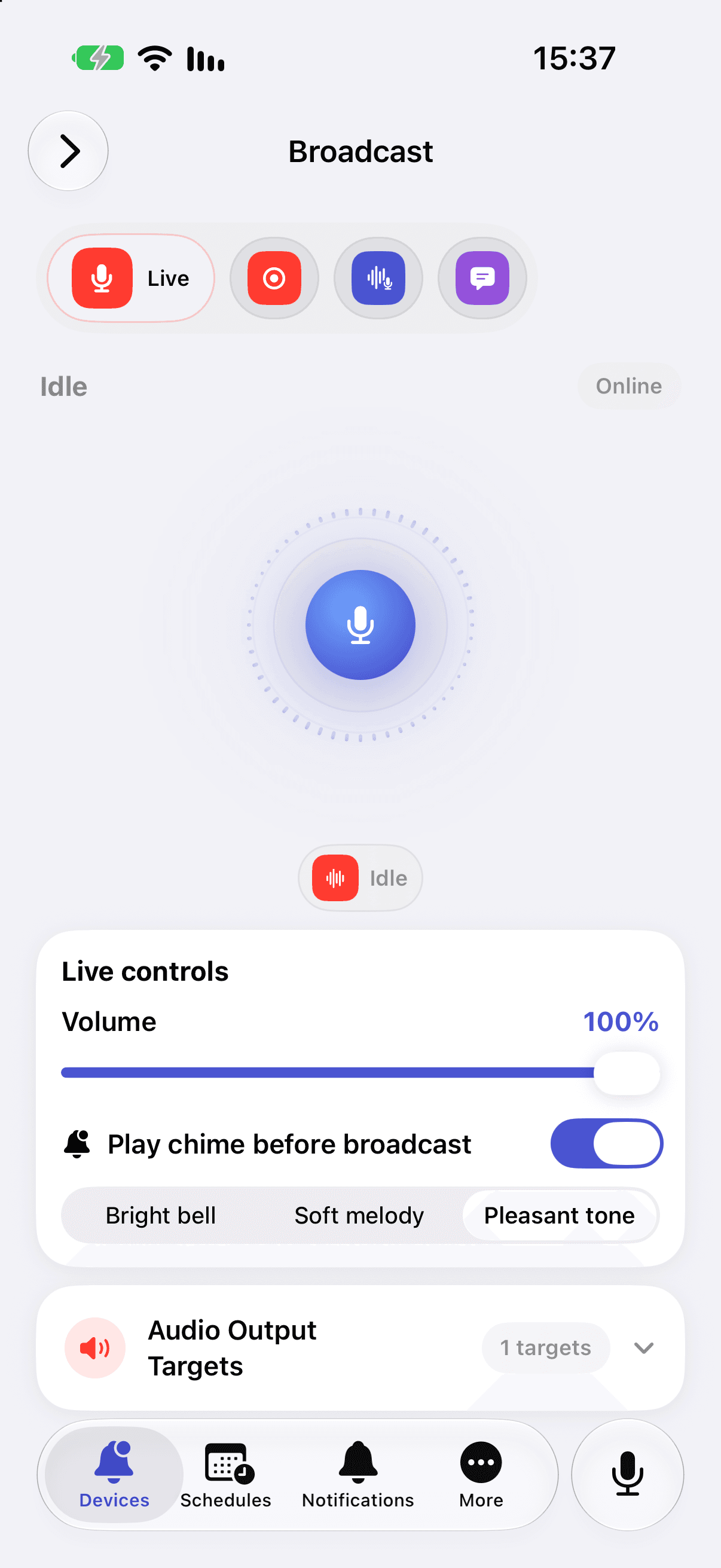 Broadcast screen in the iPhone app: talk button, volume and opening chime