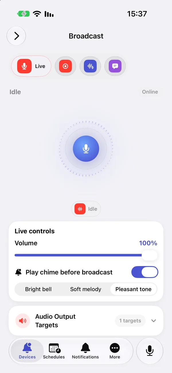 Broadcast screen in the iPhone app